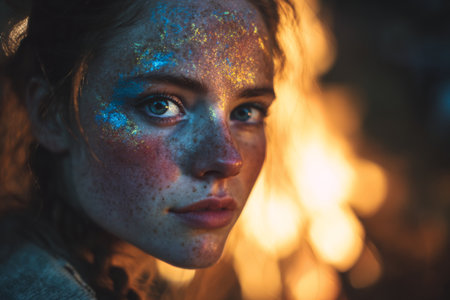 A young woman stands close to a campfire, her face adorned with vibrant paint. The warm flames illuminate her features as she gazes into the distance, lost in thought during twilight.の素材