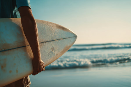 A person stands at the beach holding a surfboard as the sun sets over the horizon. The ocean waves gently lap at the shore, creating a serene atmosphere.の素材