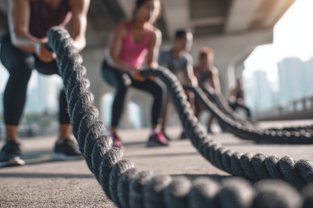 Several individuals engage in a challenging workout using battle ropes under a city overpass in the morning sunlight. The atmosphere is energetic and focused.の素材