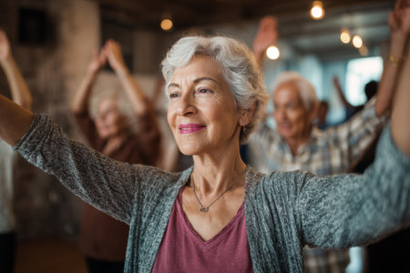 Elderly individuals participate in a vibrant group exercise class at a community center. They engage in stretching and dancing, showcasing energy and happiness in the afternoon light.の素材