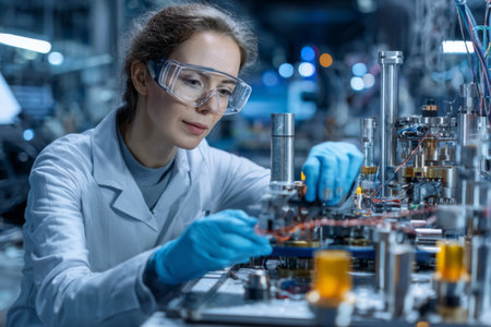 A scientist in a lab setting is carefully assembling small components using precision tools. She wears protective glasses and gloves while focused on her work late at night.の素材
