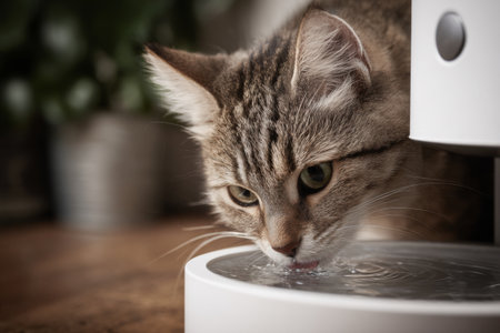 A playful cat leans forward to drink from a stylish water fountain in a cozy indoor space. Soft afternoon light highlights its fur and the waters movement, creating a serene atmosphere.の素材