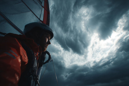 A sailor in a bright orange jacket and helmet steers a sailboat through dark, foreboding clouds. The atmosphere feels tense as storm conditions approach, creating a sense of urgency.の素材