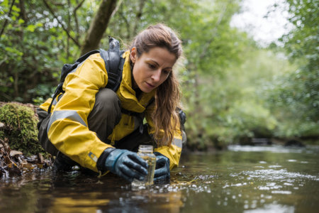 A scientist in a bright yellow rain jacket carefully gathers water from a clear stream. Surrounded by trees, she focuses on her task in the peaceful natural setting.の素材