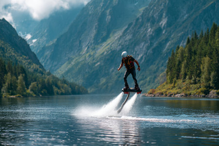 A person hovers above a serene lake using a hoverboard, surrounded by stunning mountains and lush greenery. The sun shines brightly, creating a vivid outdoor scene.の素材