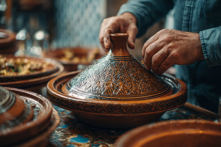 Hands of a person delicately lift the lid of a Moroccan tagine in a bustling market. The table is adorned with colorful ceramic dishes, showcasing local craftsmanship and culture.の素材