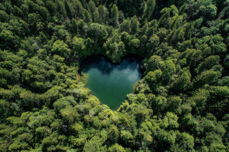A beautiful heart-shaped lake is nestled in a dense forest of vibrant green trees. Sunlight reflects off the clear water, creating a serene atmosphere. This tranquil spot invites calm and relaxation.の素材