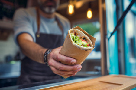 A chef wearing an apron holds out a fresh wrap filled with vegetables and meat at a bustling food stall during the midday rush. Customers eagerly await their orders.の素材