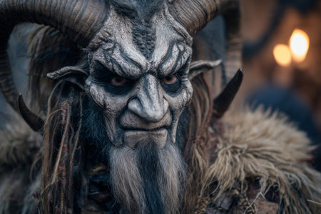 A mythical creature with large horns and a detailed face emerges from shadows, showing intricate textures. Flickering lights create a mysterious atmosphere in the background.の素材