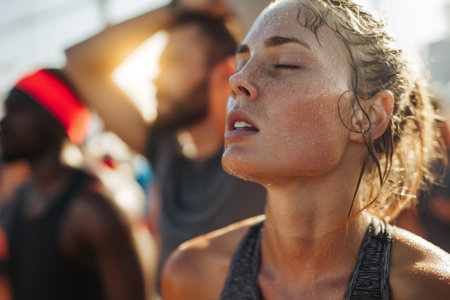 Participants are fully immersed in a high-energy training session under the bright sun. Sweat drips down their faces as they strive for peak performance in a challenging workout.の素材