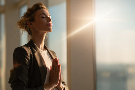 A woman stands in a spacious office with natural light streaming through large windows. She is practicing mindfulness by closing her eyes and placing her hands together in a gesture of peace.の素材