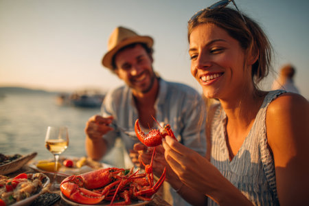 A woman smiles while holding a lobster claw, as a man enjoys seafood at a table by the water during sunset. The warm colors create a relaxing atmosphere.の素材
