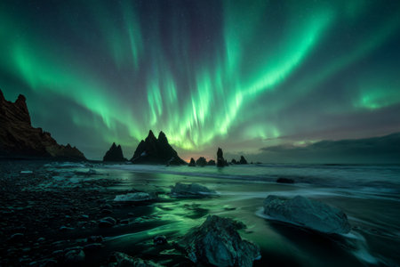 The night sky in Iceland is illuminated by vibrant northern lights, creating a stunning display above jagged rock formations along a tranquil beach. The scene captures natures beauty.の素材