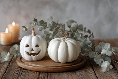 Two white pumpkins sit on a wooden platter with one featuring a carved smiley face. Soft candlelight enhances the cozy atmosphere, complemented by eucalyptus leaves nearby.の素材
