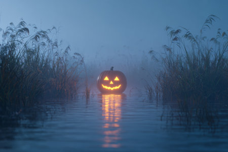 A bright pumpkin with a carved face illuminates a foggy marsh at night. The surrounding reeds create an eerie atmosphere, enhancing the Halloween spirit.の素材