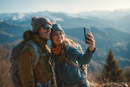 Two hikers smile as they take a selfie on a mountain trail. Snow-capped peaks fill the background while the sun shines brightly in the afternoon sky.の素材