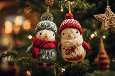 Two charming knitted penguins, one in a green scarf and one in a red hat, dangle from a Christmas tree adorned with warm lights and ornaments.の素材