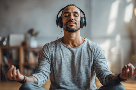A man with headphones sits cross-legged in a cozy room, engaging in meditation. Sunlight filters through the windows, creating a serene atmosphere as he relaxes.の素材
