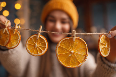 A joyful person displays sliced dried oranges on string, creating a warm and inviting atmosphere. The cozy setting features twinkling lights and a handmade touch.の素材