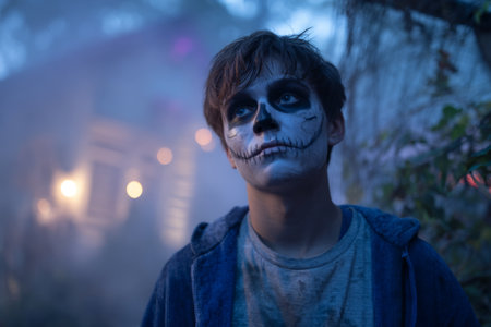 A young boy with skeleton face paint stands in front of a spooky house during Halloween. The atmosphere is eerie with fog and dim lights shining from the windows.の素材