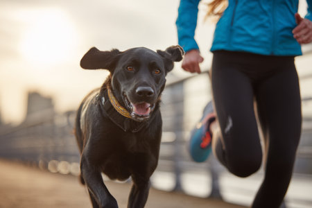 A black dog runs energetically next to a jogger on a riverside path at sunset, enjoying the exercise and the vibrant evening atmosphere.の素材