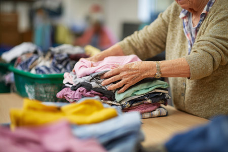 In a community center, a volunteer carefully sorts and folds donated clothes into neat piles. Brightly colored garments fill baskets as the day progresses.の素材