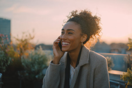 A woman with curly hair enjoys a lively conversation on her phone while sitting on a rooftop garden. The sun sets behind tall buildings, casting a warm glow.の素材