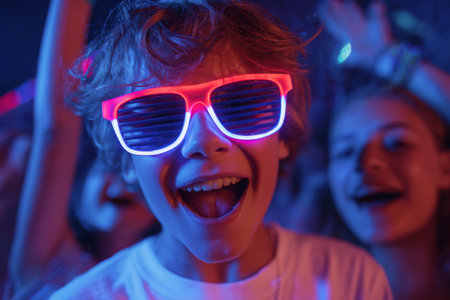 A joyful child wearing neon sunglasses laughs excitedly while surrounded by friends at a lively indoor party. Colorful lights create a fun atmosphere full of energy.の素材