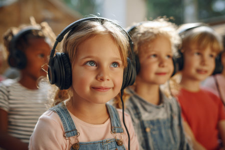 A group of young children sits side by side, wearing headphones and listening intently to music during a summer camp activity, showcasing their joy and engagement.の素材