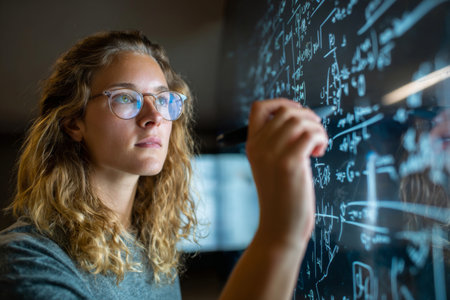 A young woman focuses with curly hair and glasses intently as she writes mathematical equations on a digital board. The classroom has a high-tech, modern feel, suitable for learning.の素材