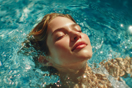 A young woman floats calmly in a sparkling pool, with her eyes closed and a serene expression. Sunlight dances on the waters surface, creating a relaxing atmosphere.の素材