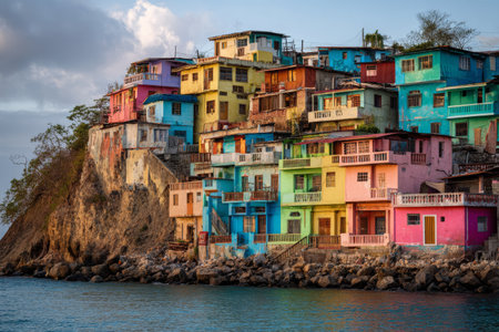 Brightly colored houses crowd a rocky hillside next to the sea. The vibrant buildings reflect sunlight as the sky turns orange and purple, creating a picturesque sunset scene.の素材
