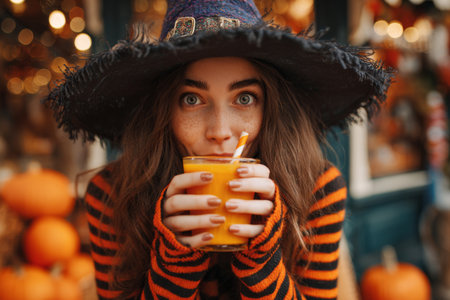 A young woman wearing a witch hat and striped sweater is sipping a pumpkin drink with a straw at a lively fall market. Bright orange pumpkins surround her as festive lights sparkle.の素材