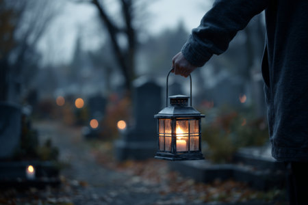 A person strolls through a serene cemetery holding a lantern that casts a warm glow. The scene features fog and a tranquil atmosphere, highlighting the beauty of autumn.の素材