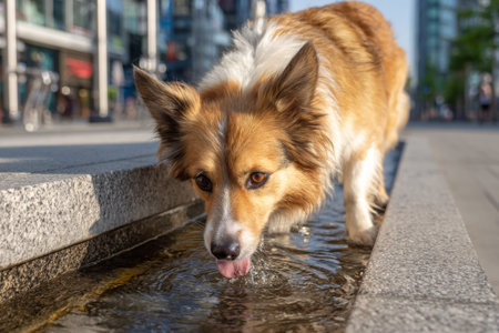 A playful corgi stands near a shallow stream in a city plaza, happily drinking water while surrounded by modern buildings and pedestrians on a bright day.の素材