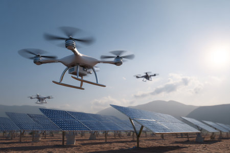 Drones fly over a solar farm, capturing data and monitoring the panels in a mountainous location. The sky is clear, and the sun casts warm light on the landscape.の素材