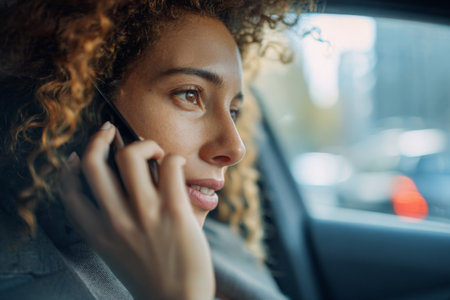 A woman with curly hair is sitting in a car, smiling while talking on her phone. The sun shines through the window, casting a warm glow in the vehicle.の素材