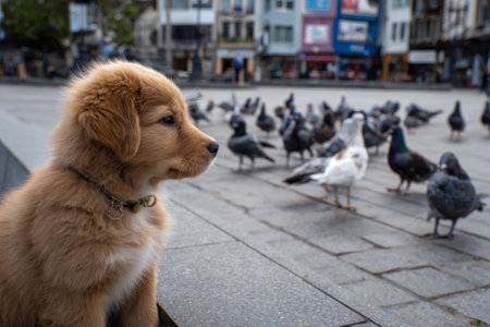 A fluffy puppy with golden fur sits quietly on the pavement, watching a group of pigeons as they gather in a bustling city square on a sunny afternoon.の素材