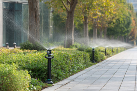 Sprinklers are actively watering vibrant green bushes lining a paved walkway in a well-maintained urban park on a bright sunny day. The scene is peaceful and refreshing.の素材