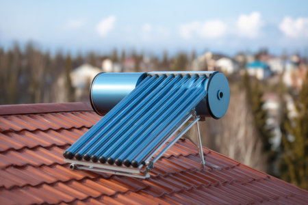 A solar water heater is mounted on a red tile roof in a suburban location. The sun shines brightly, indicating a clear and sunny day, with houses in the background.の素材