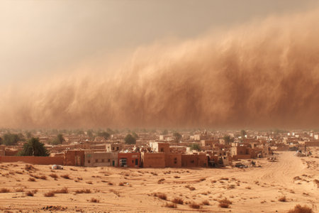 A powerful dust storm looms over a small desert town during sunset, with dark, swirling clouds of sand threatening the buildings and surrounding landscape.の素材