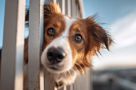 A dog with brown and white fur peers through the metal bars on a balcony. The warm light of the sunset highlights its curious expression, creating a serene atmosphere.の素材