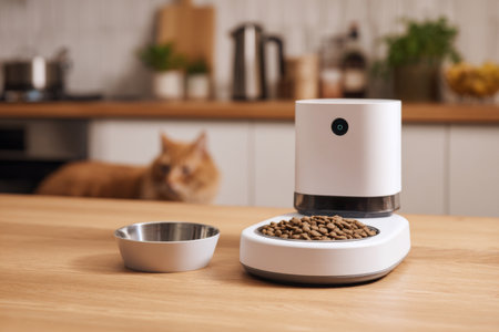 A sleek automatic pet feeder sits on a wooden kitchen counter. It contains dry cat food while a curious orange cat watches from a distance, creating a cozy afternoon atmosphere.の素材