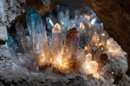 Colorful crystals emerge from rocky surfaces in a cave, radiating natural light that highlights their unique shapes. The serene setting showcases natures beauty and artistry.の素材