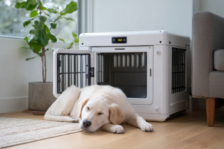 A dog lies peacefully on the floor next to a modern crate in a bright living room filled with natural light. The crate has an open door and a digital display.の素材