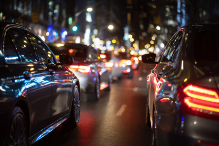 Bright city street filled with moving cars at night. Colorful lights reflect off vehicles. The atmosphere is vibrant and energetic as people navigate the busy road.の素材