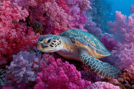 A sea turtle glides gracefully through a thriving coral reef filled with pink and purple corals. The scene captures the beauty of underwater life in clear water.の素材