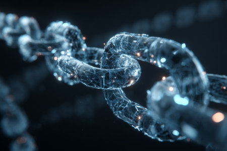 A close-up view of a digital chain made of luminous links is shown against a dark backdrop. The chain symbolizes connectivity in a high-tech environment, showing intricate details and reflections.の素材