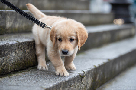 A golden retriever puppy carefully descends stone steps while being guided on a leash. The scene features a blurred background of urban scenery illuminated by natural light.の素材
