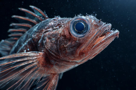 A colorful fish swims gracefully in the depths of the ocean, showing its vibrant scales and intricate features against a dark background. Bubbles surround it, adding to the serene atmosphere.の素材